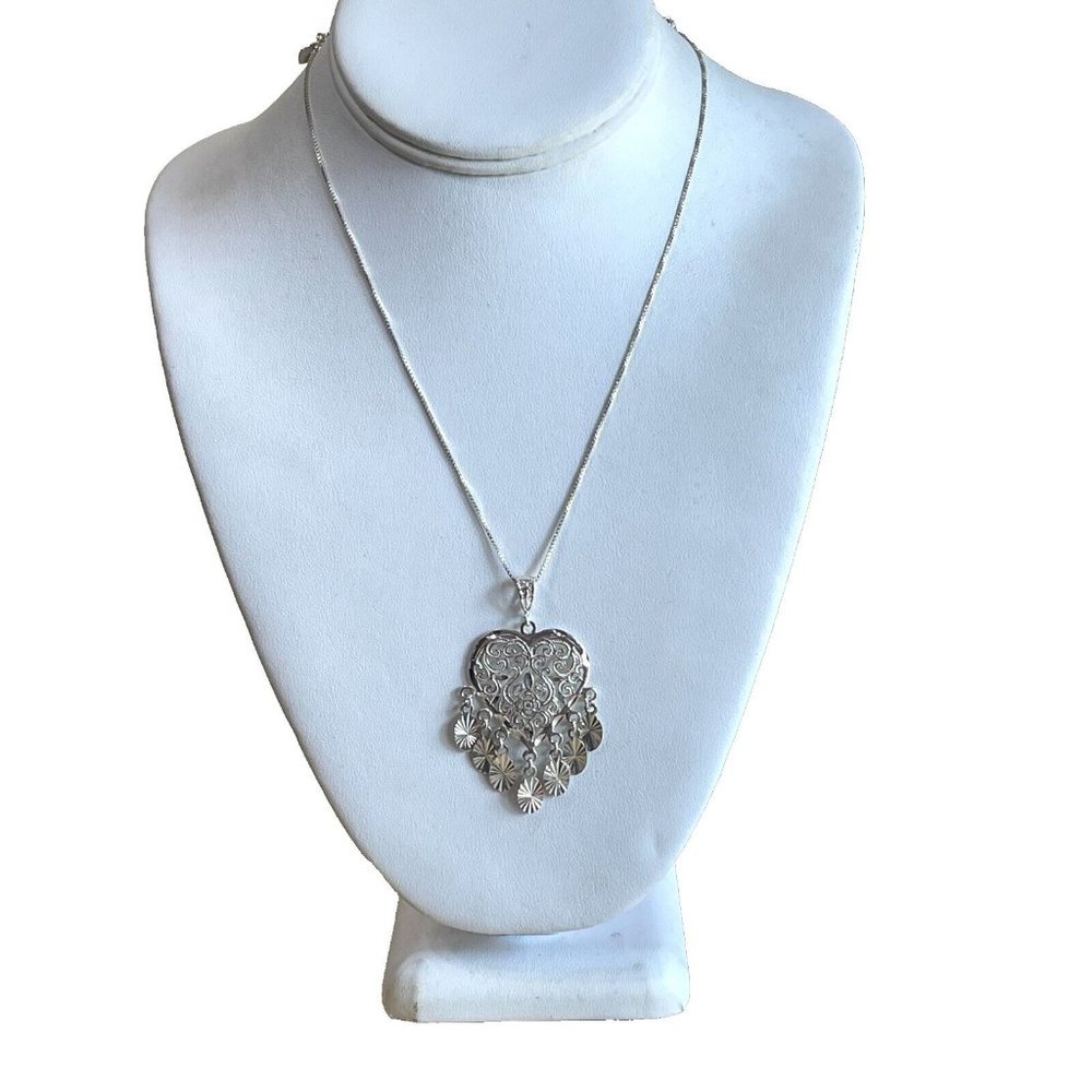 Valentine Dangling Heart Sterling Filigree Necklace 925 Turkey 16" - Picture 3 of 15